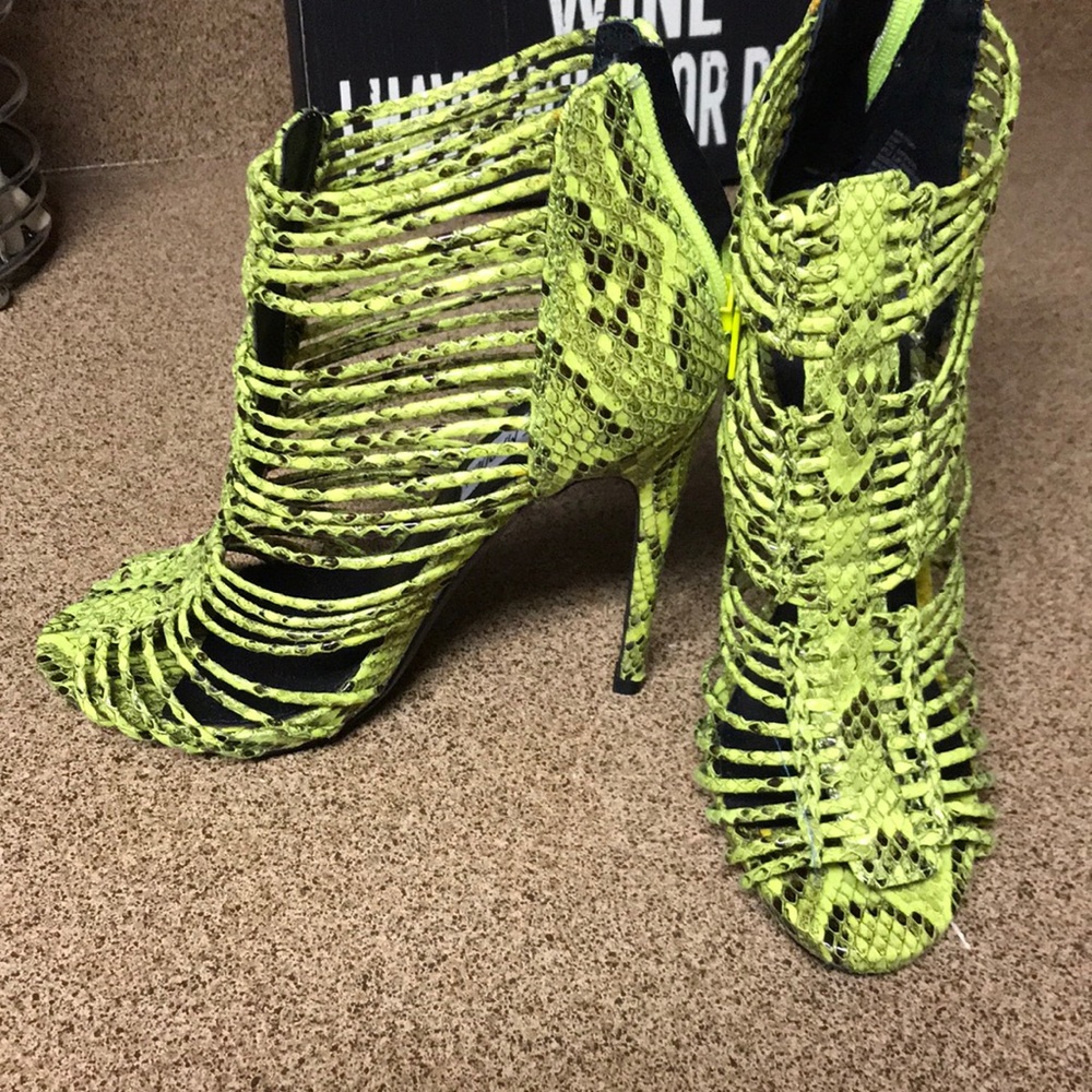 Lime green and black snake print heels